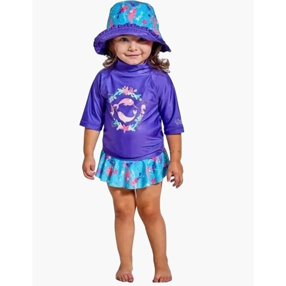UV Skinz Toddler Girl Size 2 Rash Guard Swim Set with Hat Good used condition Pu - Picture 1 of 10